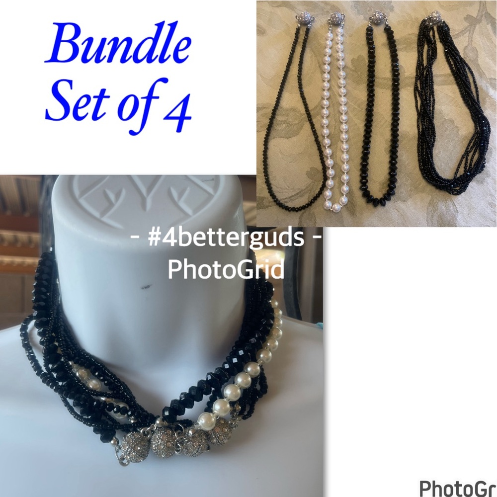 Bundle Set 4 Homemade Black Crystals & Pearl Rhinestone Magnetic Clasp Necklaces - Picture 15 of 15